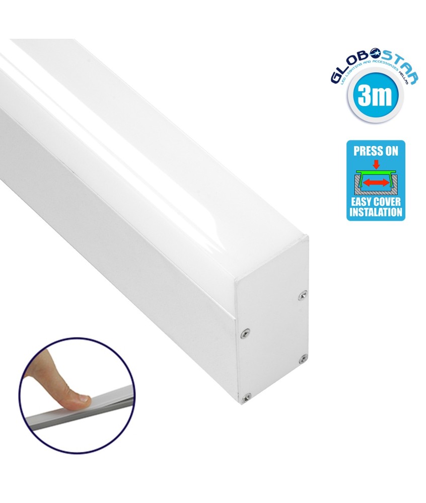 GloboStar® SURFACEPENDANT-PROFILE 70831-3M Προφίλ Αλουμινίου - Βάση & Ψύκτρα Ταινίας LED με Λευκό Γαλακτερό Κάλυμμα - Επιφανειακή & Κρεμαστή Χρήση - Πατητό Κάλυμμα - Λευκό - 3 Μέτρα - Μ300 x Π3.5 x Υ7.4cm